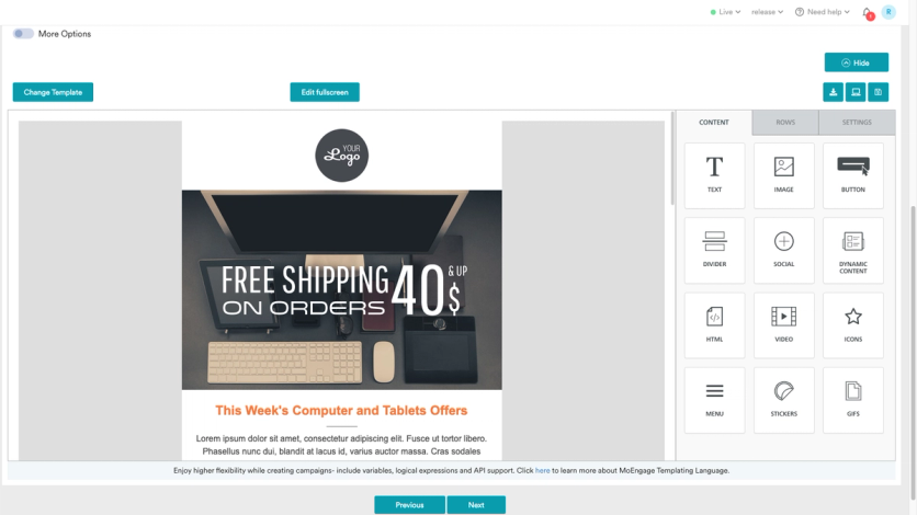 MoEngage drag-and-drop email builder with a free-shipping template and content blocks