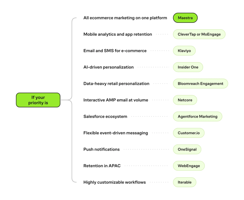 Decision tree matching each buying priority to a Braze alternative, from all ecommerce marketing on one platform to push notifications