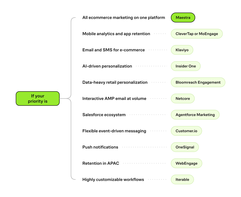 Decision tree matching each buying priority to a Braze alternative, from all ecommerce marketing on one platform to push notifications