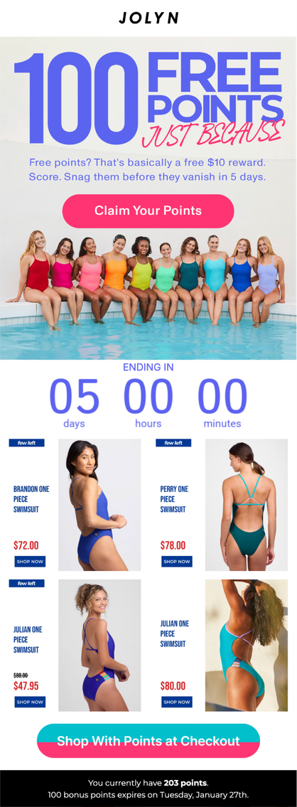 JOLYN email offering 100 free loyalty points with a five-day countdown and shoppable swimsuits
