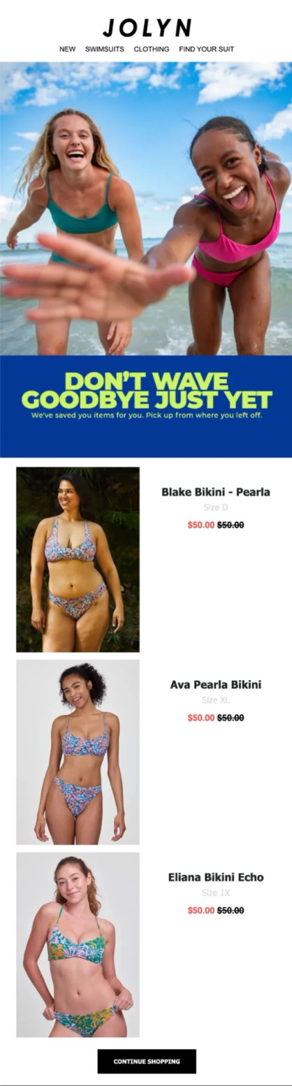 A baseline abandoned cart email showing the exact product left behind with image, name, size and price, one Buy button, and a branded header.