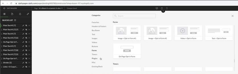 Zipify's page editor with on-site blocks, forms, and timers