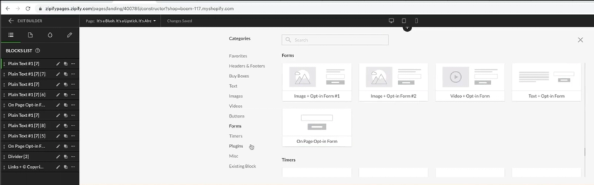 Zipify's page editor with on-site blocks, forms, and timers