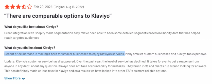 G2 review of Klaviyo titled “There are comparable options to Klaviyo”, rated three and a half stars in February 2024