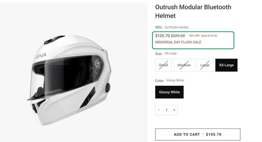 Sena Memorial Day Sale overlay on a product page