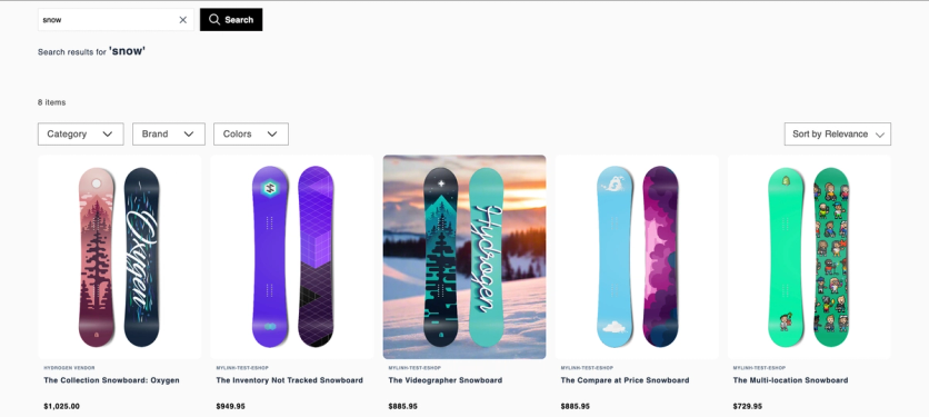 Bloomreach search results on a Shopify storefront with category, brand, and color filters