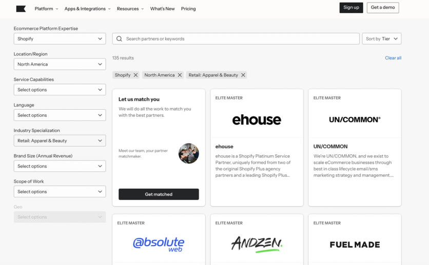 Klaviyo partner directory filtered by Shopify, North America and Retail: Apparel & Beauty, sorted by tier, with Elite Master partners ehouse, UN/COMMON, absolute web, Andzen and Fuel Made