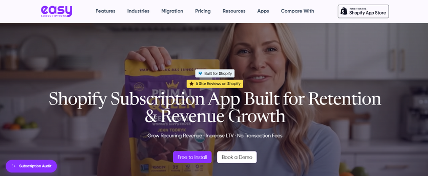 Easy Subscriptions homepage – a Shopify subscription app built for retention and revenue growth, with the Built for Shopify badge