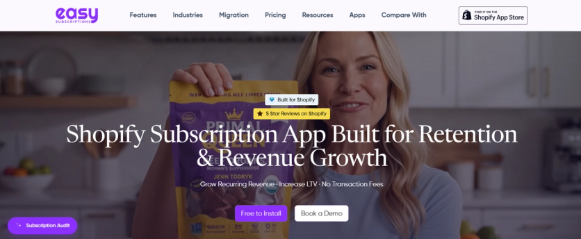 Easy Subscriptions homepage – a Shopify subscription app built for retention and revenue growth, with the Built for Shopify badge