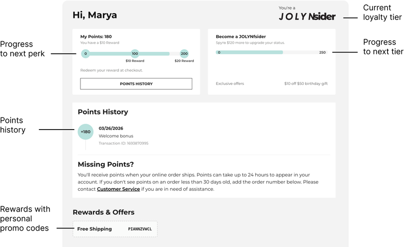 JOLYN account page powered by Maestra with loyalty tier, points progress bar, points history, and reward promo codes