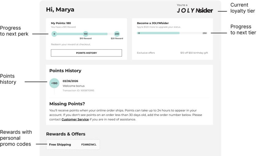 JOLYN account page powered by Maestra with loyalty tier, points progress bar, points history, and reward promo codes