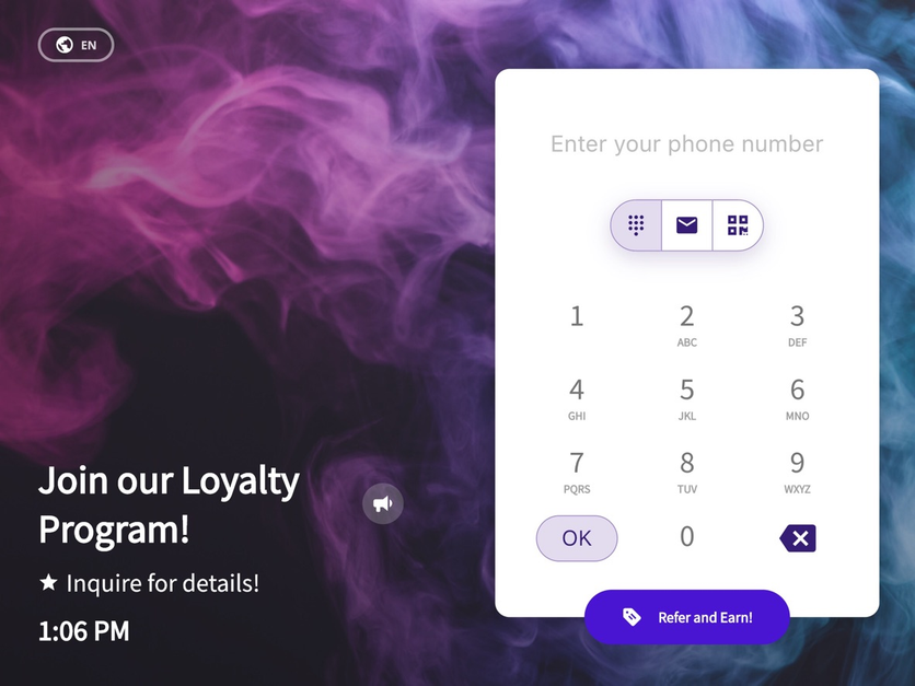 Kangaroo Rewards in-store tablet with a phone-number keypad and QR sign-in