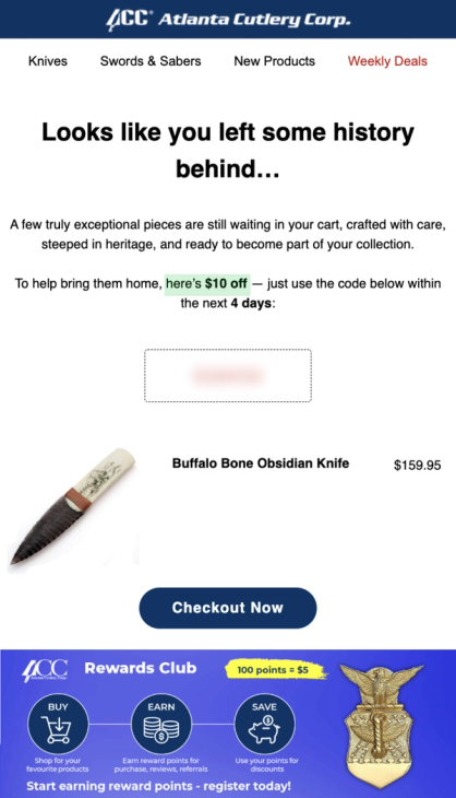 Abandoned cart recovery email from Atlanta Cutlery