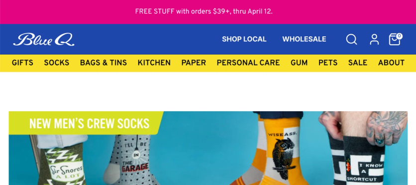 Blue Q homepage with announcement bar showing FREE STUFF promo and new collection