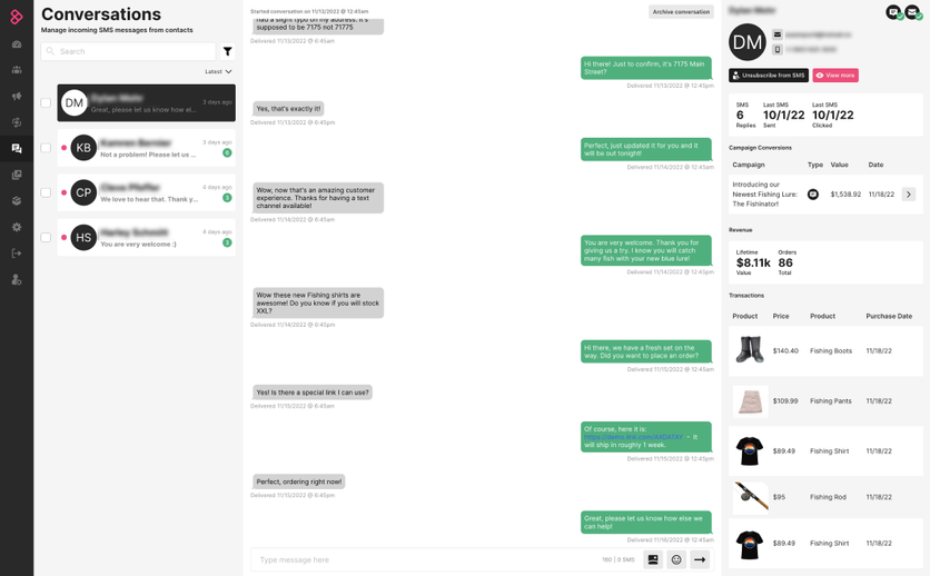 Sendlane’s Conversations inbox with the contact’s revenue and order history alongside the thread