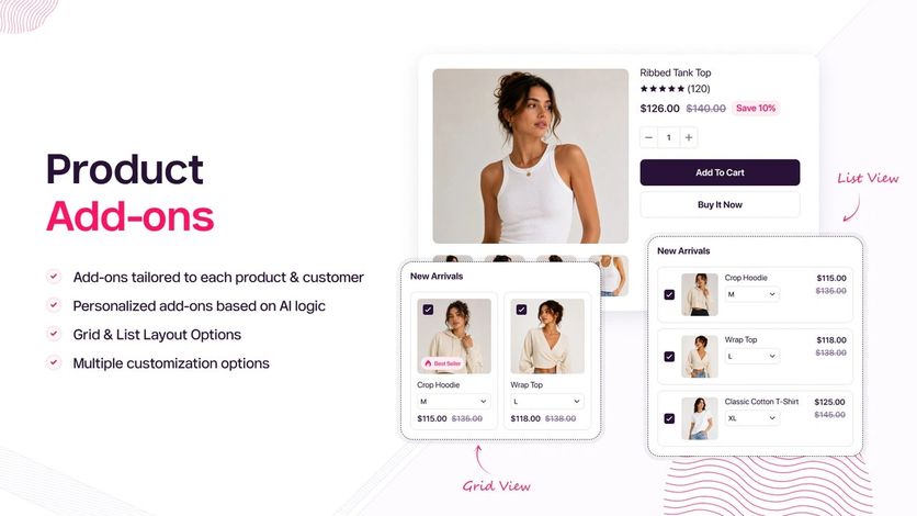 Wiser product add-ons shown in list and grid views next to a product page