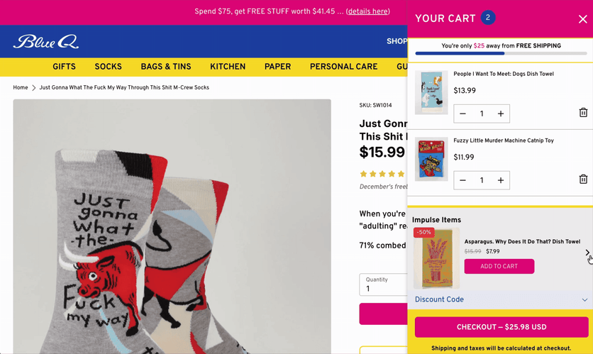 Blue Q minicart with upsell progress bar and impulse buy items under $10