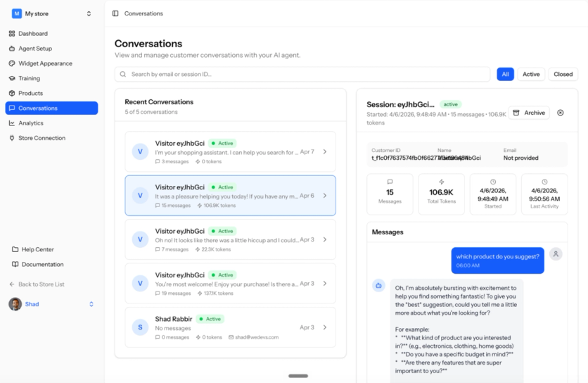 CartPilot conversations dashboard