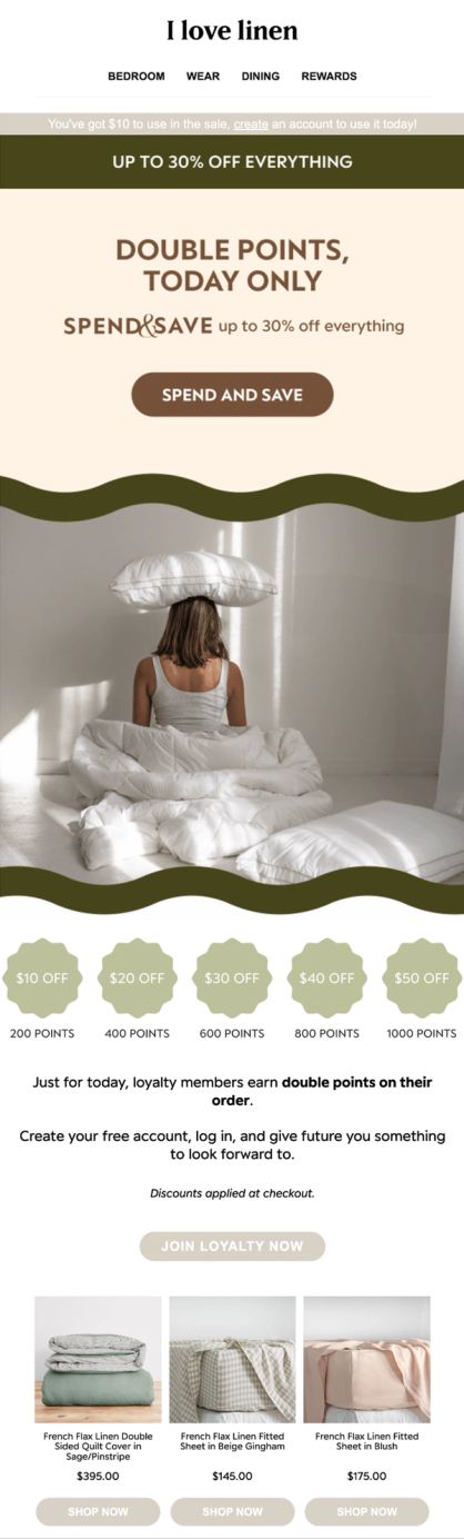 I Love Linen email inviting non-members to create a free account and join the rewards program during the double points day