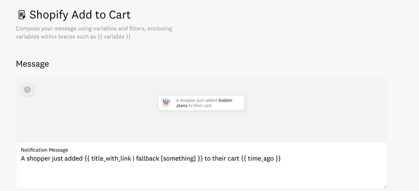 Fomo setup screen for a Shopify add-to-cart notification with a message template and a live preview