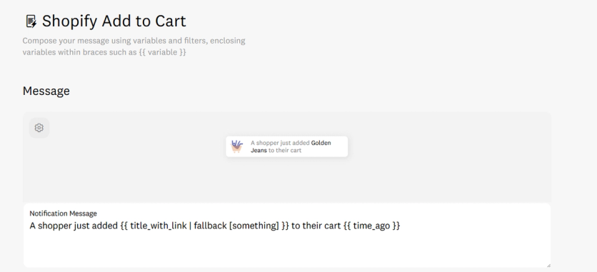 Fomo setup screen for a Shopify add-to-cart notification with a message template and a live preview