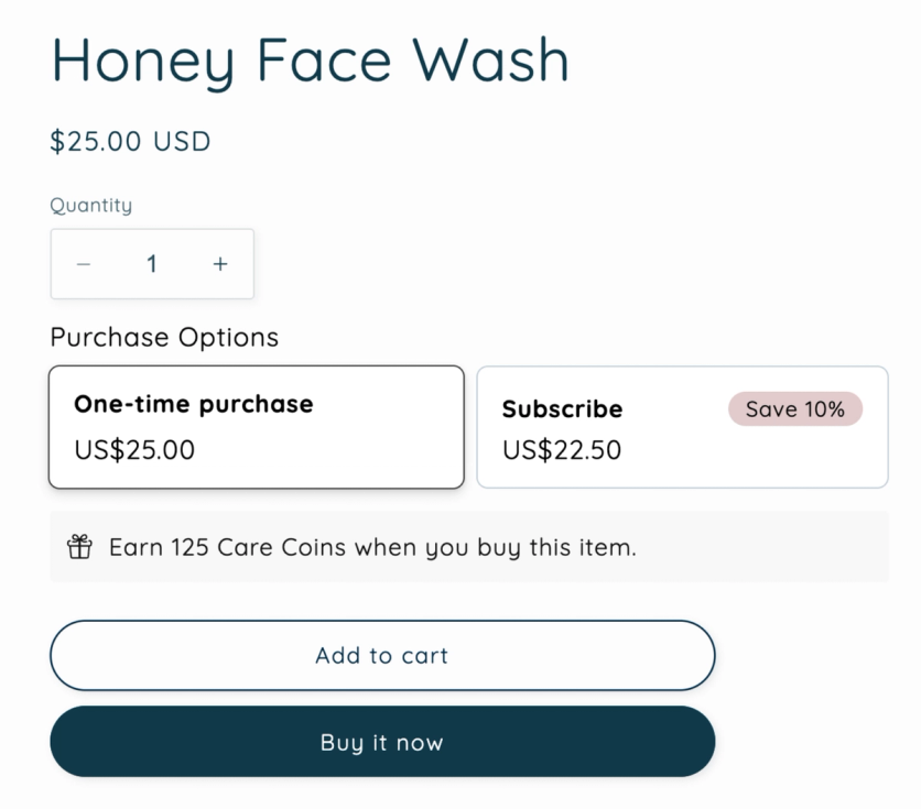 Shopify product page with a Smile.io line showing the points the item earns