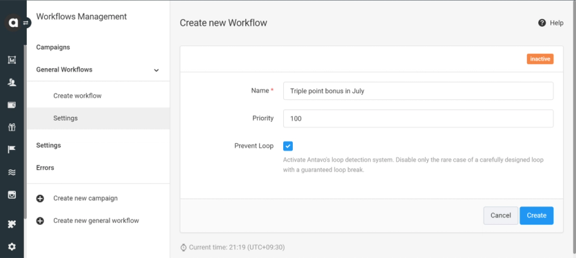 Antavo workflow management screen creating a triple-points workflow