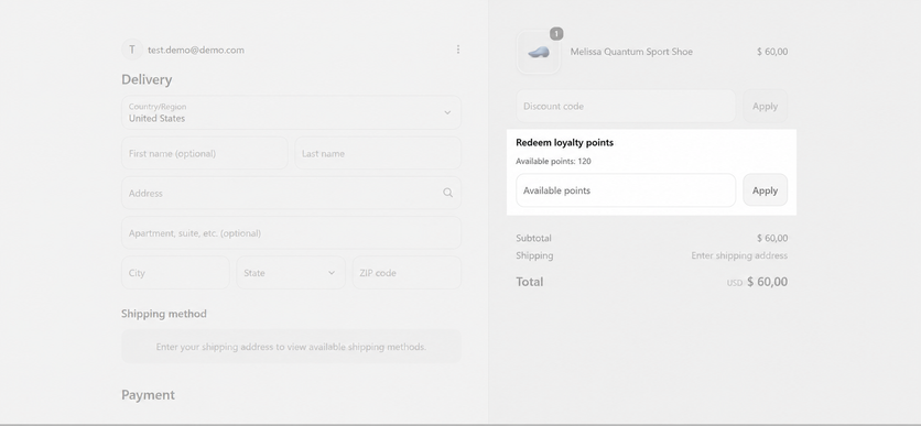 Shopify checkout with an Antavo field for redeeming available loyalty points