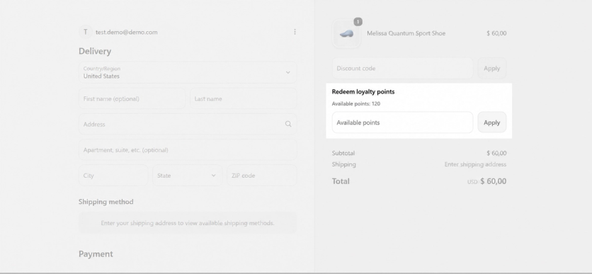 Shopify checkout with an Antavo field for redeeming available loyalty points