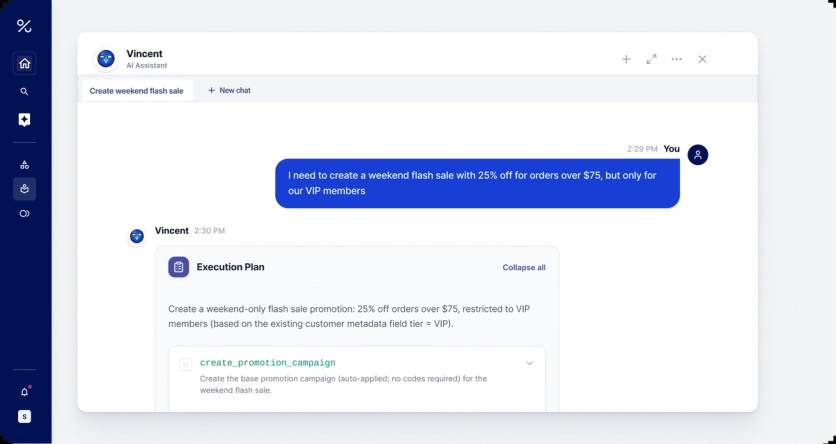Voucherify Vincent AI turning a VIP flash-sale request into a campaign plan