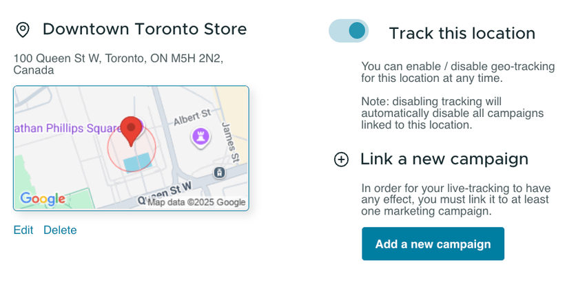 Kangaroo geofenced store location on a map with tracking switched on