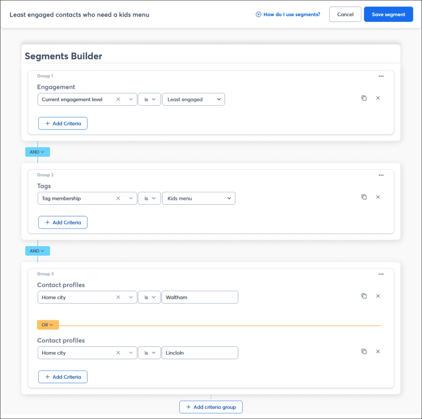 Constant Contact segments builder