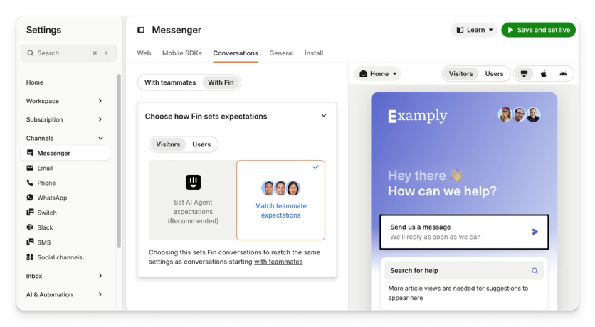 Configuring how Fin sets expectations in the Intercom Messenger