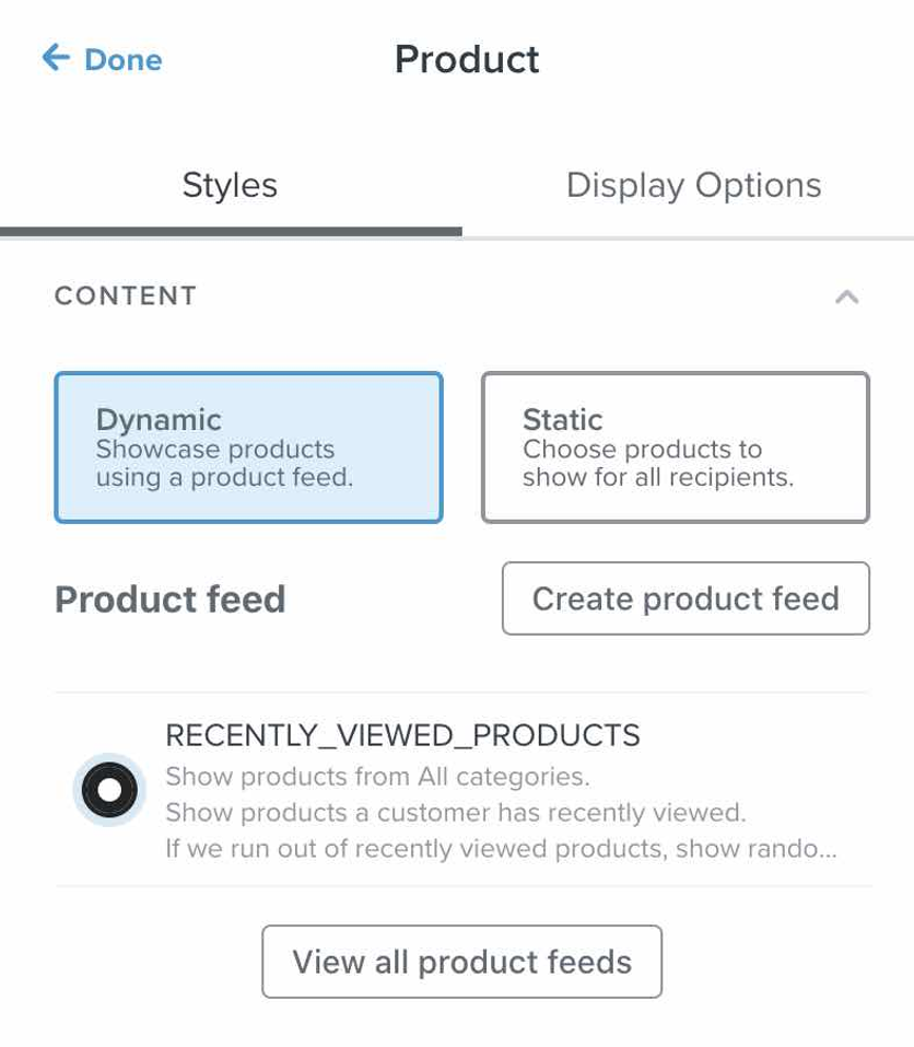 A product block in Klaviyo’s email editor switching between a dynamic product feed and a static hand-picked set