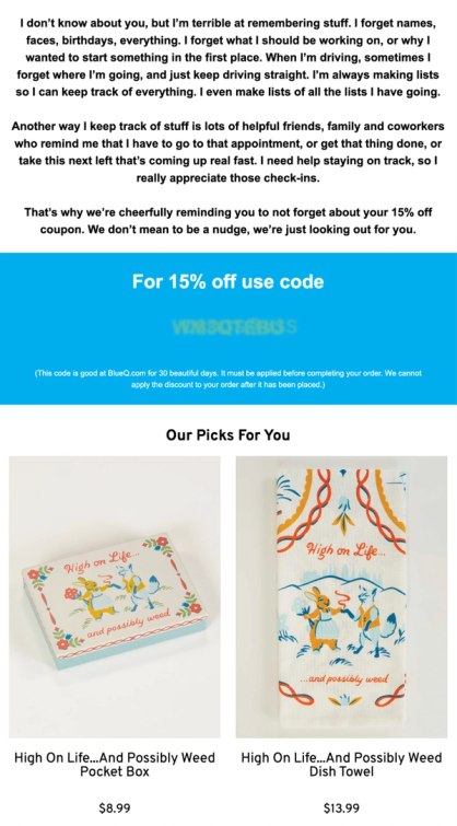 Blue Q Welcome reminder email with personalized product recommendations