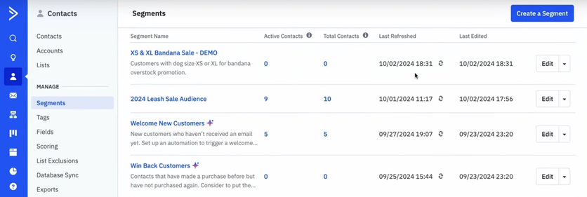 ActiveCampaign segment list with AI-suggested Welcome New Customers and Win Back Customers segments