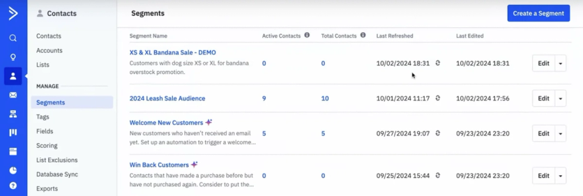 ActiveCampaign segment list with AI-suggested Welcome New Customers and Win Back Customers segments