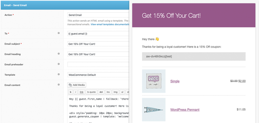 An AutomateWoo follow-up workflow offering a coupon incentive