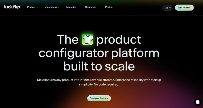 Kickflip homepage presenting the product configurator platform, with no-code setup and a free trial