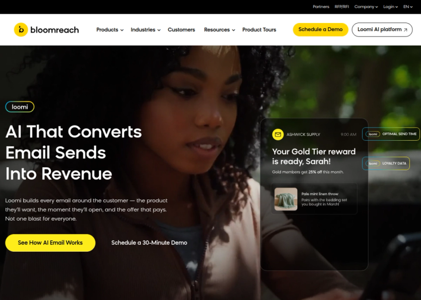 Bloomreach homepage with the headline AI That Converts Email Sends Into Revenue
