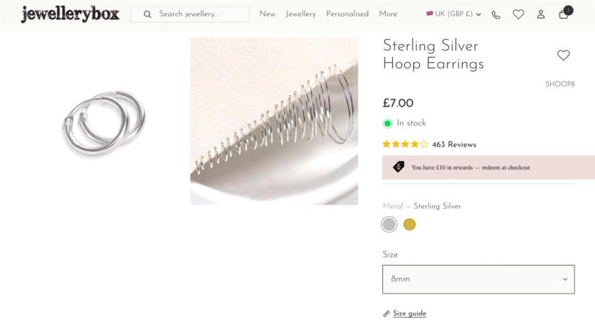 Jewellerybox product page for sterling silver hoop earrings with a message under the reviews: you have £10 in rewards, redeem at checkout