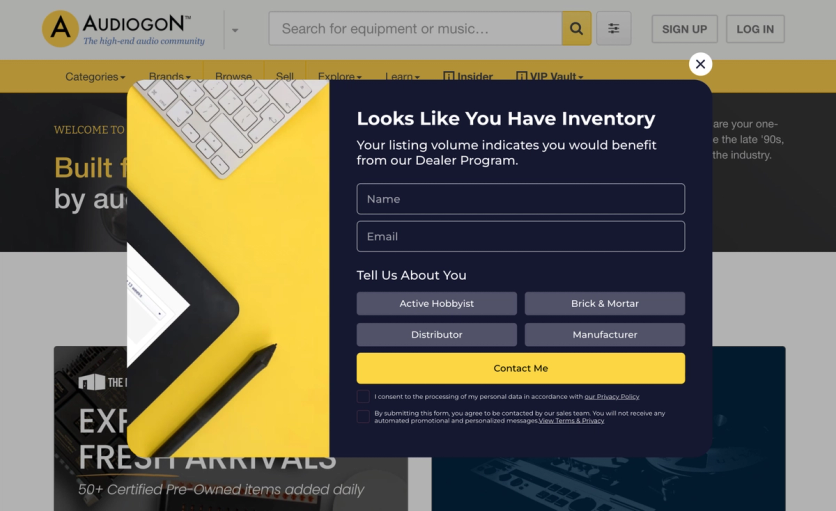 Dealer Program pop-up collects the seller’s business type before connecting them with sales