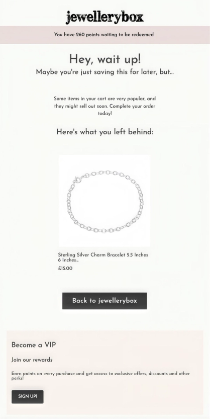 Jewellerybox abandoned cart email with a strip under the logo: you have 260 points waiting to be redeemed