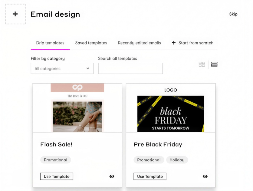 Drip email template gallery with Flash Sale and Pre Black Friday designs