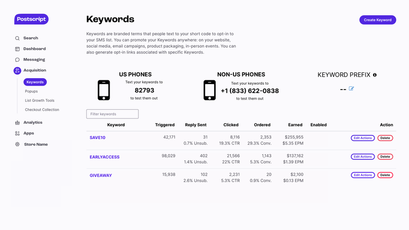 Keyword-based SMS opt-in setup in Postscript