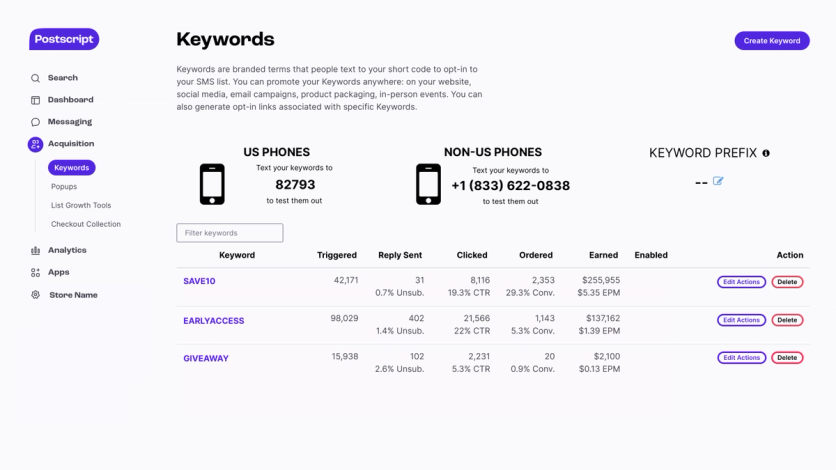 Keyword-based SMS opt-in setup in Postscript