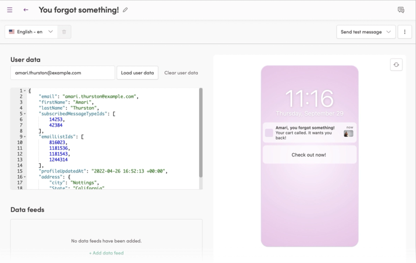 Iterable push notification editor with user data and lock screen preview