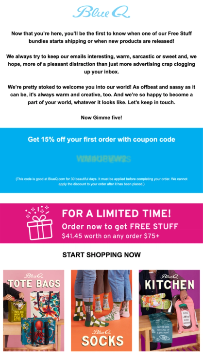 Blue Q Welcome email with single-use promo code and category navigation