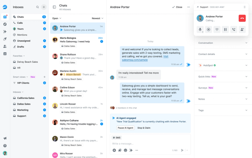Salesmsg’s shared inbox brings an AI conversation, calling controls, and HubSpot context into one view.