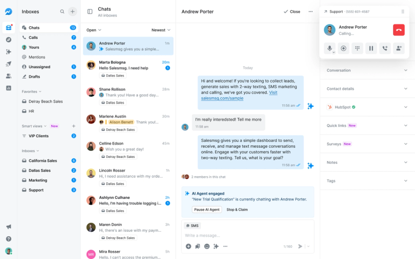 Salesmsg’s shared inbox brings an AI conversation, calling controls, and HubSpot context into one view.